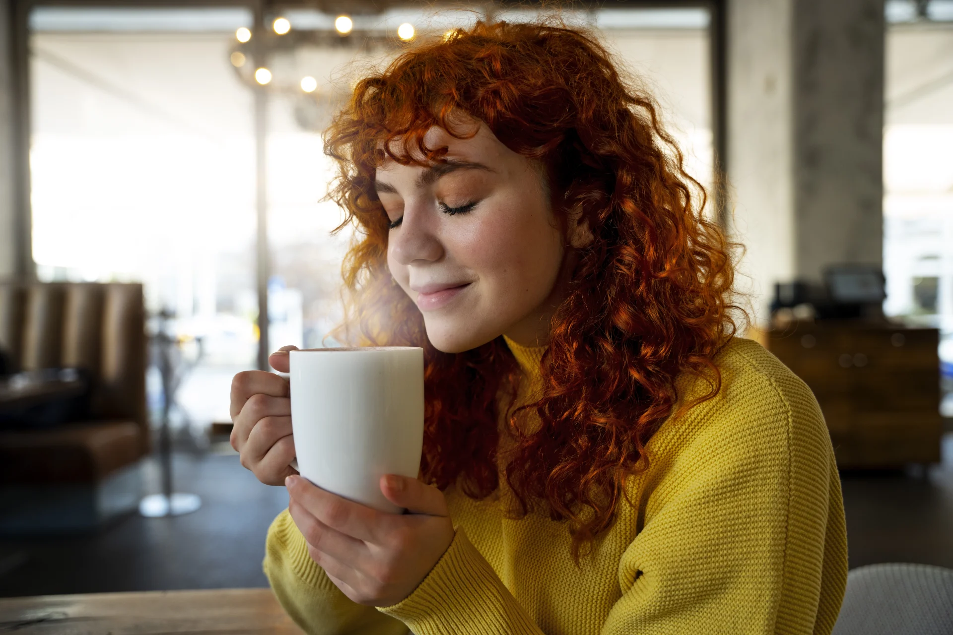 mujer bebiendo cafe